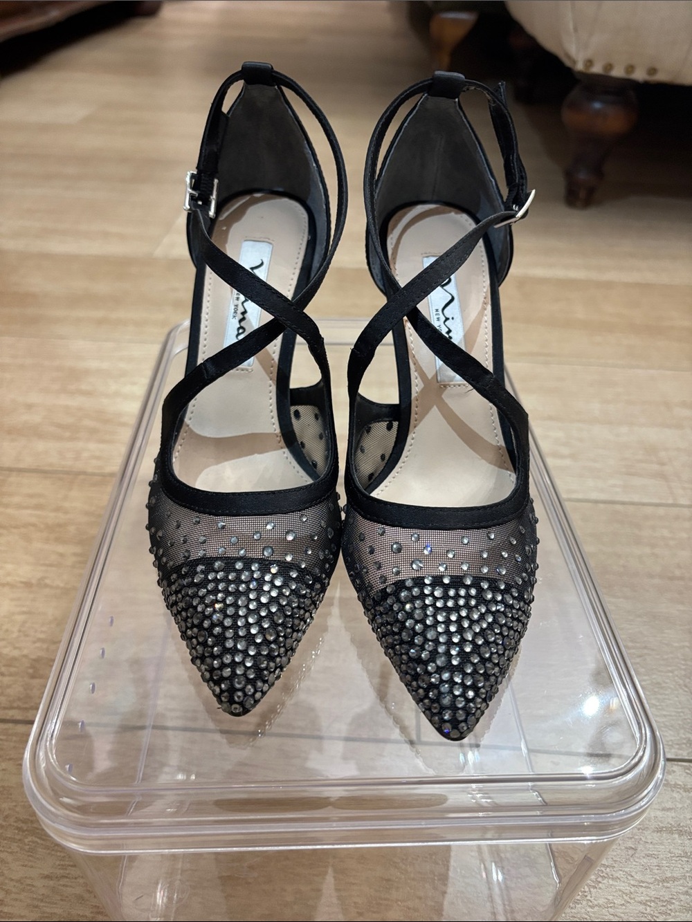 Nina Black Mesh Pointed Toe Crystal Cross-Strap Heels